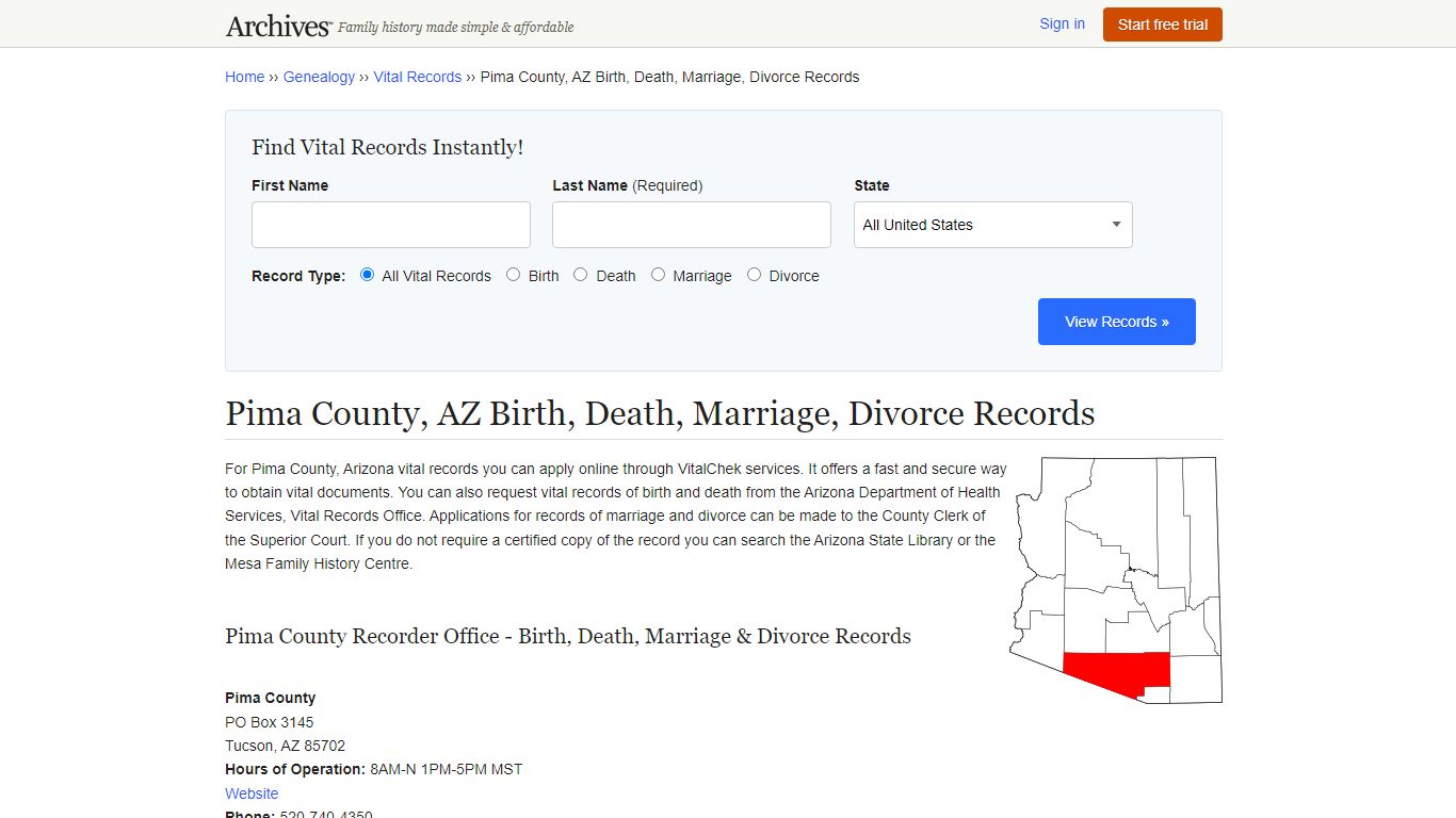 Pima County, AZ Birth, Death, Marriage, Divorce Records - Archives.com